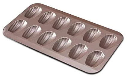 Gurlideo Madeleine - Teglia da forno con 12 cavità, in acciaio al carbonio con rivestimento antiaderente, per cuocere al forno, cioccolato, brownies, biscotti, dorate