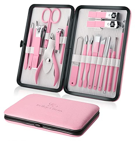 Manicure Set Nail Set Nail Clipper Kit Professional - Stainless Steel Pedicure Set Nail Grooming Kit of 15pcs with Case for Travel (White Pink)