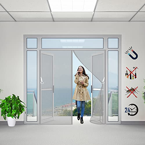 Magnetic Fly Insect Screen Door, 210x185cm Mesh Curtain Keeps Mosquitoes Net for Flies Insects Out Free (Gray)
