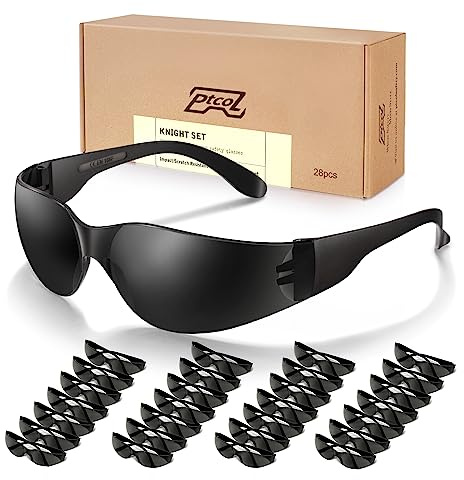 28 Pack Safety Glasses (Bulk Pack of 24+4) Unisex Black Tinted Anti-Scratch Protective Goggles Impact Resistant Lens Eyewear with ANSI Z87.1 Certified Perfect for Construction, Shooting and Laboratory