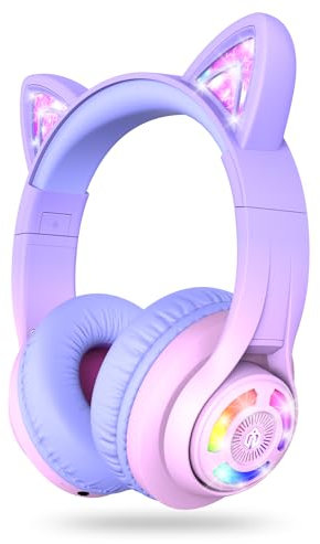 iClever Auriculares Bluetooth para Niños, BTH13 Cat Ear LED Light Up Auriculares Inalámbricos, 50H Playtime, 74/85dBA Limitación de Volumen, Auriculare para Niños con Micrófono sobre la Oreja