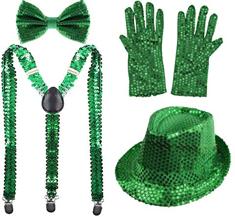 Carnavalife Juego 4 de Tirantes Elásticos Pajaritas Ajustables Guantes y Sombrero de Copa de Lentejuelas Brillantes para Adultos (Verde, Pack con Sombrero de niño/52cm)