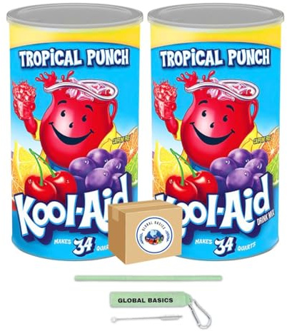Global Basics Kool Aid Tropical Punch Flavored Powdered Drink Mix | Pack of 2 | 82.5 oz Per Canister - 165 oz TOTAL | Includes A Global Basics Reusable Straw Set!