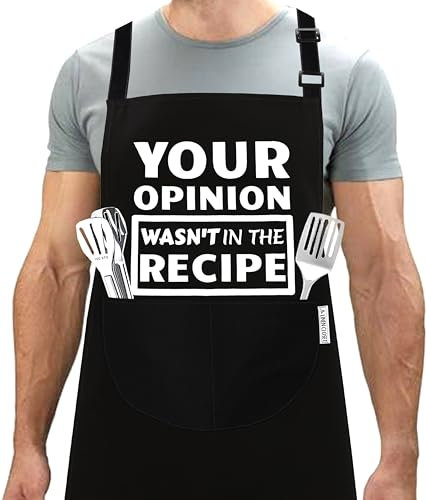 LINEN CLOSET® Bbq Apron for Men Funny Aprons for Women Chef Grilling Novelty Barbecue Aprons Kitchen Cooking Gift Black Apron with 2 Pockets-your opinion wasn't in the recipe apron