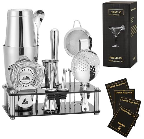 Set Boston Shaker 16 pezzi – Set da Cocktail in Acciaio Inox con Shaker, Colino, Pinza per Ghiaccio, Cucchiaio da Bar, Misurino, Pestello, 4 Picks per Cocktail e 2 Dosatori Liquori (Argento)