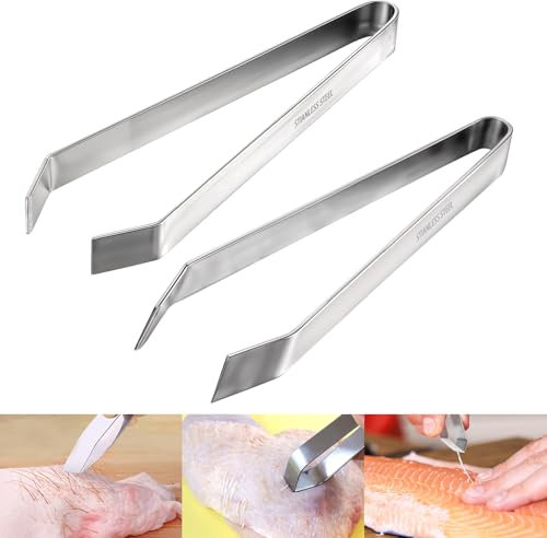 HJZHII 2 pinzette a spina di pesce in acciaio inox, 12 cm, pinza obliqua per pesce, 11 cm, pinzetta piatta a spina di pesce, pinzetta da cucina, pinzetta per pesce, pinzetta per sbavature, pollo,
