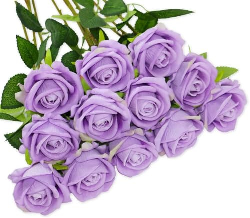VIDSTW 12 stycken konstgjorda rosor 52 cm konstgjorda rosor verklighetstrogna rosor (lila) | Konstgjord med gröna blad falska rosor konstgjorda rosor som äkta bukett konstgjord för hemmet bröllop fest trädgård