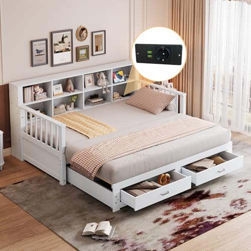 Idemon Sofá cama multifuncional de madera maciza de 90/180 x 190 cm, espacio de almacenamiento con toma de carga en los reposabrazos laterales, con 2 cajones y somier, color blanco