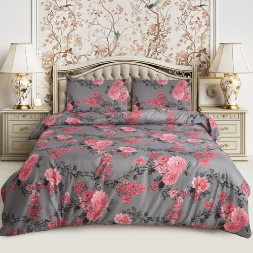 SAIMAZ 4 Piece Printed Bedding Set Duvet Cover, Deep Fitted Sheet & 2 Pillowcases Single, Double, King, Super King Sizes Soft Microfiber, Wrinkle-Resistant, Easy Care (Double, Blossom Pink)