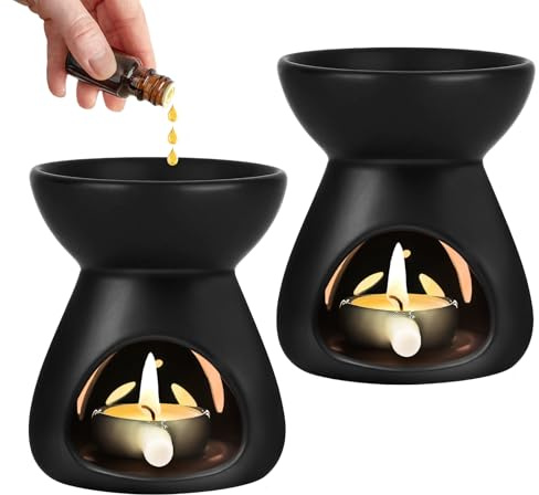 2 Pcs Keramik Duftlampe Kerzenhalter, Keramik-Ölbrenner, Trichtermodell,Wachs Duftlampe für Duftöl Duftwachs, Zuhause Schlafzimmer, Schwarz