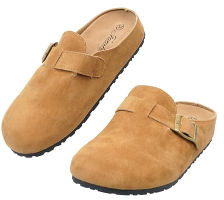 JOMIX Sabot Donna Pantofole Chiuse Davanti in Pelle Sintetica con Fibbia Regolabile Ciabatte con Plantare Ergonomico Zoccoli da Casa e Esterno, WCT255301, Cachi, 38 EU