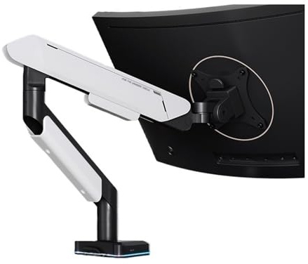 Soporte de escritorio ajustable con brazo para monitor con iluminación RGB, soporta pantallas de 17 a 42 pulgadas de hasta 33 libras, puerto USB y abrazadera en C, color blanco para mejorar el espacio