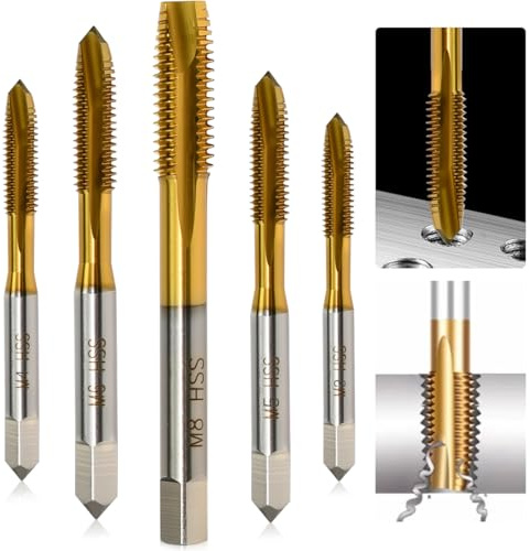Byfoyif 5 Pcs Foret Taraudeur M3 M4 M5 M6 M8, Filetage Taraudage en Acier Plaqué Titane, Embouts de Taraudage à Main, Tarauds Métrique, pour Réparation Automobile Métallurgie Bricolage