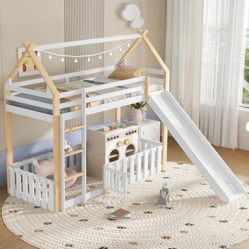 PUGSDRLY Lit Superposé Enfant 2 Places avec Toboggan,Barrière de lit Intégrale à Porte,Lit Cabane Enfant 90x200 avec Sommier à Lattes Solide,pour Enfants Adolescents(B)