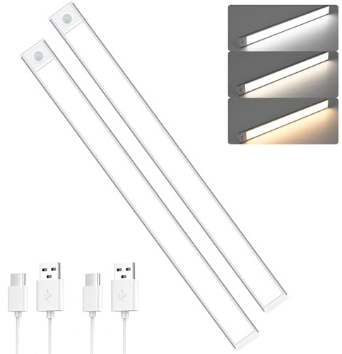 SOAIY 2PCS 60CM Luz LED de Armario con Sensor de Movimiento, Luz bajo Mueble Recargable 3 Colores y Brillo Regulable, Lámpara LED Adhesiva para Cocina, Armario,Gabinete, Pasillo