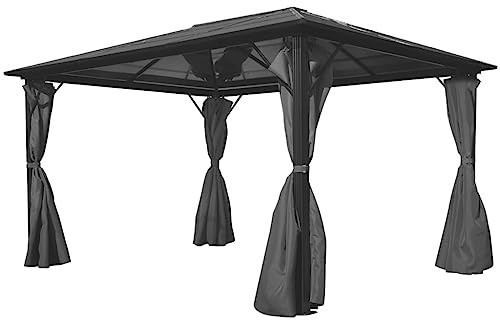 HETFTJN Tonnelle de jardin, 400 x 300 cm, anthracite, cadre en aluminium, toit en polycarbonate résistant aux UV, avec rideaux, convient pour les fêtes de jardin, les barbecues et les événements en