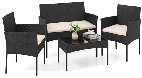 COSTWAY Set Salotto da Giardino 4 Pezzi, Divanetto da Esterno in Rattan PE con 2 Poltrone e Tavolino con Piano in Vetro Temperato, Cuscini Imbottiti e Telaio Metallo per Terrazzo e Balcone (Beige)