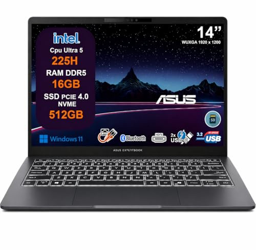 ASUS ExpertBook B3 Notebook Professionale, Intel Core Ultra 5 225H, 16GB RAM, 512GB SSD NVMe, 14 WUXGA, Windows 11 Pro, Wi-Fi 6E, Tastiera Retroilluminata, Fingerprint, Grigio, Garanzia 24 Mesi