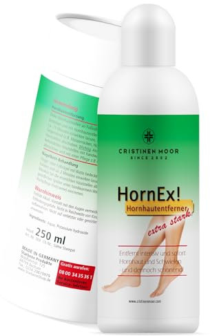Cristinen Moor HornEx! Hornhautentferner flüssig 250 ml I Hornhaut Entferner zur schnellen Entfernung starker Hornhaut an Fersen, Ballen und Zehen I Starterset mit Spatel & Wattepad