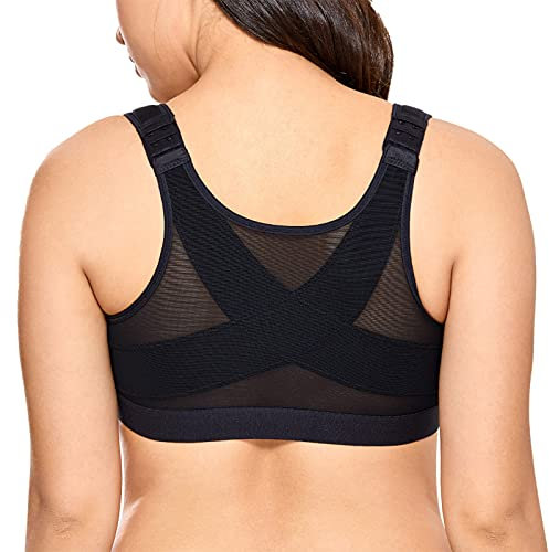 Delimira Women's Front Fastening Bras Non Wired Posture Correcting Back Support Post Surgery Bra Plus Size Comfort Black 38G