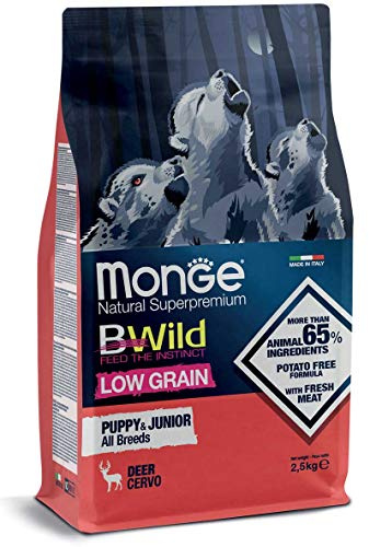 Monge BWILD PUPPY DEER, cibo per cani per tutte le razze (cibo per cuccioli, cibo secco per cani con carne di cervo, cibo secco per cani con pochi cereali, contenuto: 2,5 kg)