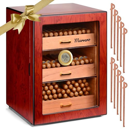 Humidor per sigari Marvero, Humidor in legno di cedro con igrometro digitale, cassetti, umidificatori e hardware placcati in oro. mobile humidor per sigari per uomo marito padre, capacità 150 sigari
