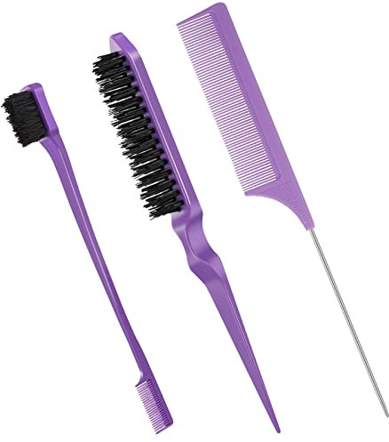 Fuyamp 3-Pack Slick Brush Set - Teasing & Slicking Brushes, Plastic Bristle Edge Combs & Rat Tail Comb for Women's Salon Hair Grooming