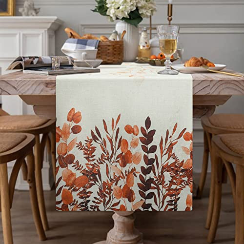 Tischläufer Esszimmer Tischdecke Modern Herbstlicher Läufer Leinen Dunkelorange Eukalyptus Tischwäsche Matte Küche Tischläufer Dekoration für Halloween Hochzeit Erntedankfest Tischdeko 33x183cm
