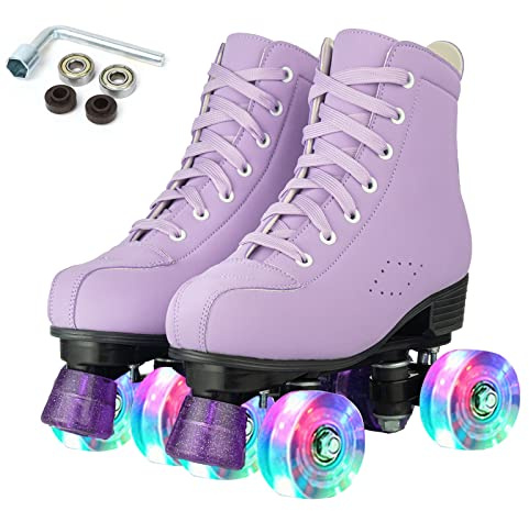 Comeon Roller Skates Women Outdoor High-top Adult Roller Derby Skates Wheels Light Up Roller Skates Double Row Quad Skates for Men Girls Unisex (Purple Flashing Wheel,39)