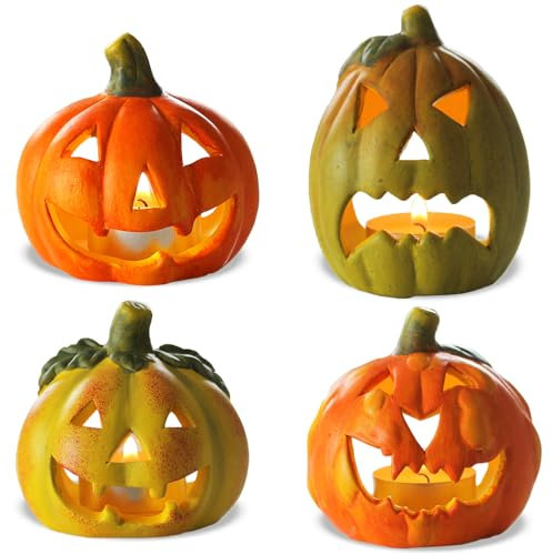 Kleine Kürbis-Laternen im 4er Set als Halloween-Deko LED Windlichter in 8 cm - Gruselige Jack-O-Lantern Teelichter Deko-Kürbisse - Herbst-Deko Teelichthalter innen und draußen für den Garten