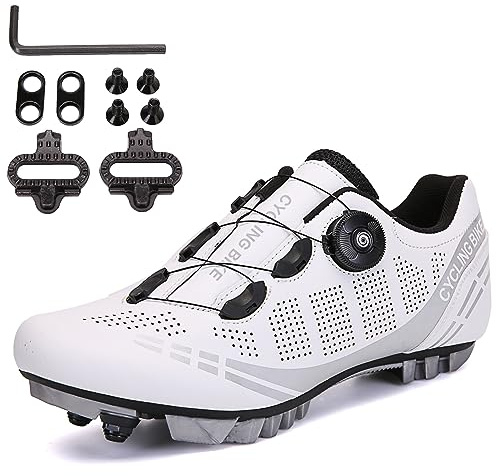 PENXZT Mens mountainbike cykelskor Kompatibel med Shimano SPD 2-bultar pedaler MTB skor racing inomhus och utomhus,White,41 EU