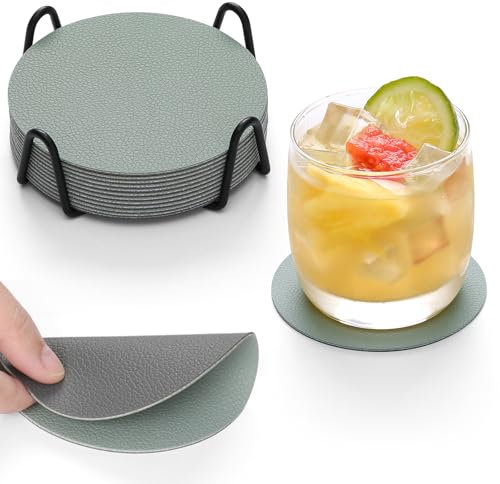 Chitomars Lot de 12 Dessous de Verre, Set de Coaster Antidérapant Double Face Lavable Dessous de Verre Isole et protège Les Meubles pour Servir Cafés dans Une Maison ou Un Bar (Gris Salvia Vert, Rond)