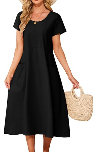 Niwicee Vestido Elegante Verano Mujer Cuello Redondo Manga Corta Midi Casual Algodón Liso Largo Medio Suelto Tallas Grandes de Playa con Bolsillos