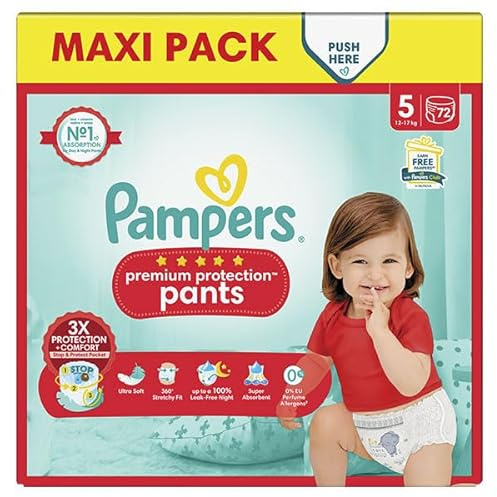 Pampers Premium Protection Pants Taille 5, 74 Couches-Culottes, 11kg-17kg, Avec un Maintien 360° et des Barrières Anti-fuites Douces 2 fois plus larges qu’avant pour Confort et Protection