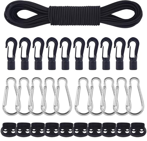 AWBEOT Corda Elastica 5mm x 20m, Tenditore Elastico Nero, Elastico in Gomma, Corde Elastiche con 10 Fermacorda a Molla, 10 Gancio in Plastica, 10 Moschettone, per Teloni, Tende, Trasporto, Lacci,Zaino