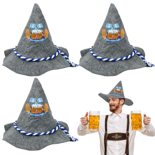 LGZIN 3 Gorros Sombrero de Baviera de Fieltro, Sombrero de Oktoberfest, Oktoberfest Sombrero Espantapájaros con Cordón, Sombrero Bávaros Puntiagudos, Sombrero de Disfraz Tradicional, Bayern Seppelhut