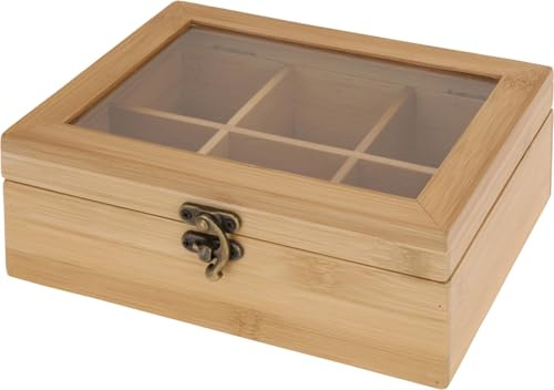Muddy Hands Wooden Tea Box with Glass Lid - 6 Compartment Tea Bag Storage Organiser with Secure Clasp - Bamboo Tea Caddy for Home, Kitchen & Office