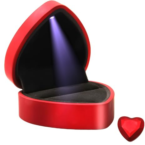 Synclum Caja Anillo Compromiso con Luz LED en Forma de Corazón – Joyero Rojo con Iluminación Automática para Anillo de Propuesta, Ideal para Boda, San Valentín, Compromiso y Aniversarios