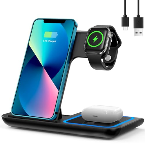 3-i-1 Laddningsstation Apple Watch och iPhone, Trådlös Induktiv Laddningsstation iPhone, Vikbar iPhone Laddningsstation för Apple Watch AirPods, Mobil Laddningsstation för Hem Kontor Resor