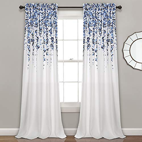 Lush Decor Weeping Flowers Darkening Window Curtains Panel Set for Living, Dining Room, Bedroom (Pair), 52 W x 84 L, Navy & Blue