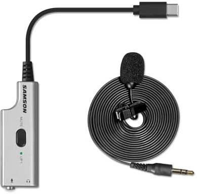 SAMSON LMU1 Lavalier Microphone & USB-C Adapter – Omnidirectional LM8 Condenser Mikrofon, 12 Hz–18 kHz, Mute Switch, PC/Mac-Chromebook Kompatibilität für Streaming & Video-Calls