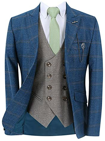 Boy’s Windowpane Check Slim Fit Petrol Blue Suit 3 Piece Set Special Occasion Birthday Wedding Dinner Prom Party Size 10 Years