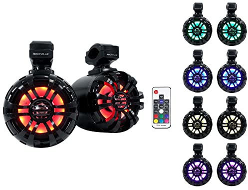 Rockville WB50KLS (Pair) Black 5.25 250W Stainless Steel Marine Wakeboard Tower Speakers 360° Swivel Mount w/LED Lights Waterproof for Boats & ATVs