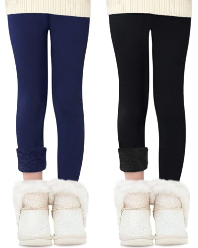 Domee Leggings Felpati Termici Pantaloni Invernali Cotone Bambina Pacco da 2 Nero+Blu Navy 11-12 Anni (Taglia Produttore 170)