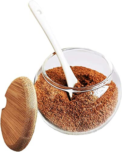 GImLY Pot à épices Sucrier en Verre avec Couvercle en Bois et Cuillère en Céramique