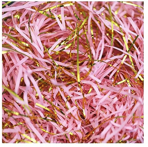 Yurosiay 500g Raffia Geschreddertes Papier Zweifarbiger Raffia Hamper Shreds Mit Goldfaden Geschenkfüllung Papierschnitzel Geschreddertes Papier Füllmaterial für Geschenkbox Dekoration Rosa
