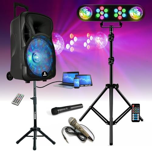 Kit de altavoz independiente con Bluetooth, 600 W, BOOST-MOBILE12-SET – 2 micrófonos – Pie – Pack de luz de pie – Soporte LEDBAR-Astro-RC