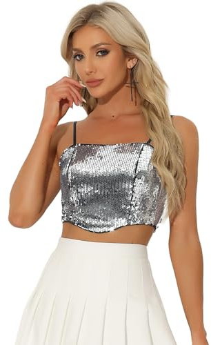 Allegra K Donna Top con Paillettes per Canottiere Corte Senza Maniche Scintillante da Festival da Club Festa Argento XL