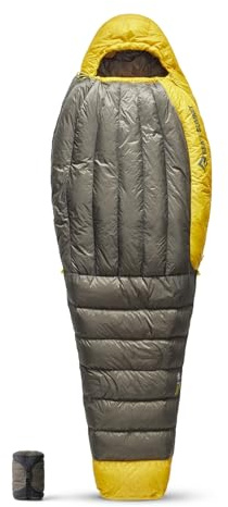 Sea to Summit - Spark Ultralight Down Sleeping Bag Long (7°C) - Mummy Shaped - Full Length - 850+ Loft Ultra-Dry Down - 1 Season - For Backpacking - Grey & Yellow - 387g