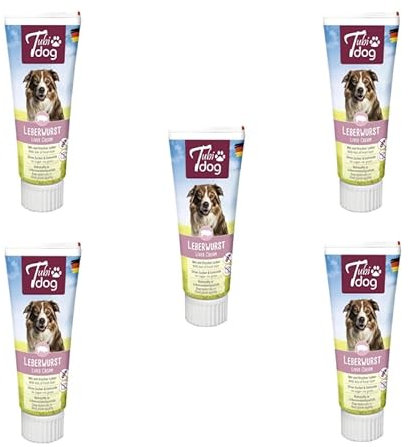 Tubi dog Delikatess Leberwurst aus der Tube für Hunde | 5er Pack | 5 x 75 g | Praktische Soft-Touch-Tube | Zuckerfreie fettreduzierte Snackpaste ohne Konservierungsstoffe